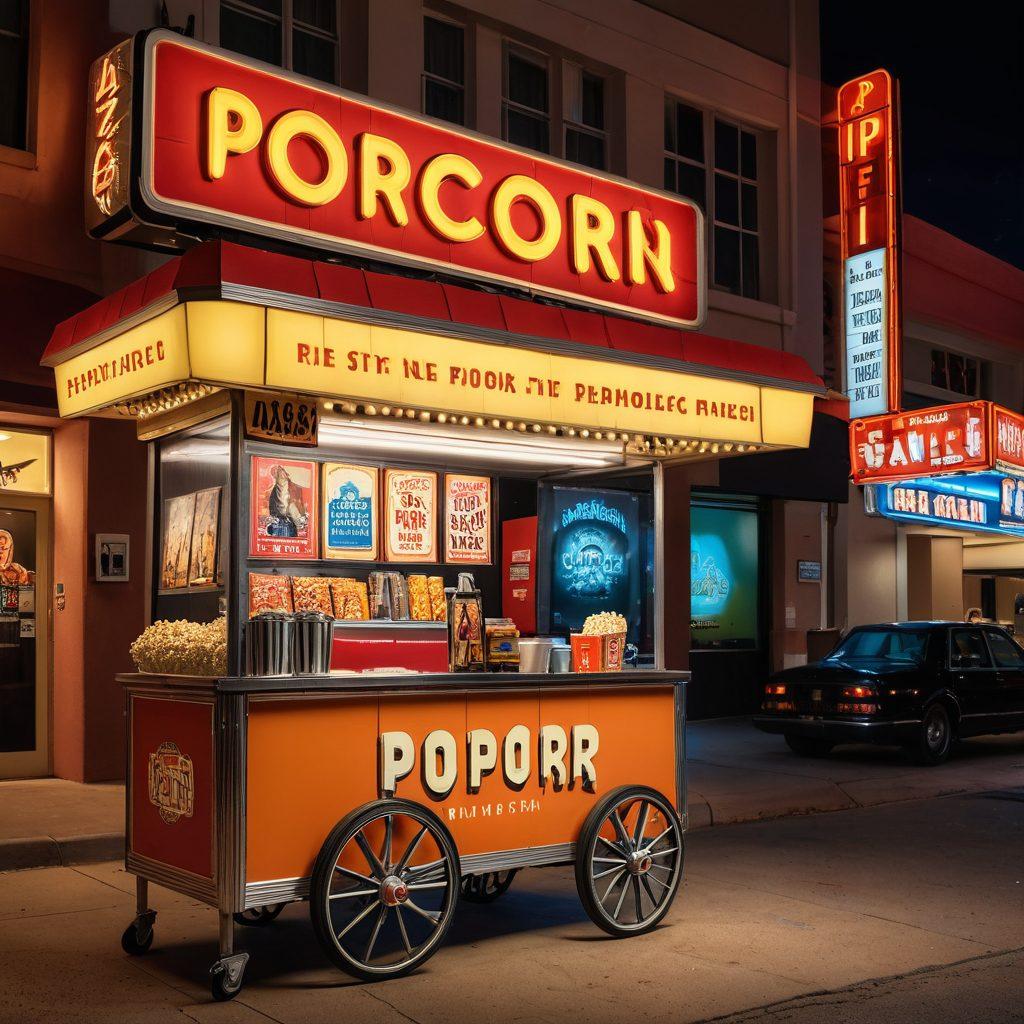 An inviting digital cinema marquee with a vibrant collection of movie posters, showing a mix of drama, action, and sci-fi genres. An old-fashioned popcorn cart next to a modern streaming device displaying LostFilm's logo. Warm, glowing lights highlighting the excitement of movie night. super-realistic. vibrant colors. cinematic ambiance.