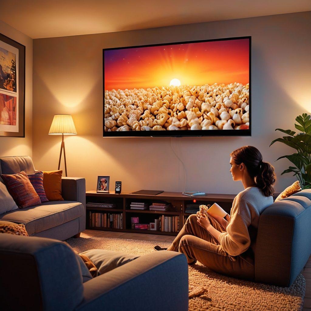 A cozy living room with a large flat-screen TV displaying various web series and movie thumbnails from LostFilm; a person relaxing on a comfortable sofa with popcorn and a remote in hand; a soft glow from the screen illuminating the room. Super-realistic. Vibrant colors. Inviting and cozy atmosphere.