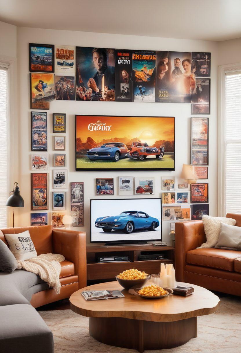 A cozy living room with a large TV screen displaying a dynamic montage of popular TV show and film scenes, a comfy couch with plush pillows, a bowl of popcorn on a coffee table, and soft ambient lighting. The walls are adorned with posters of iconic movies and series. super-realistic. warm and inviting colors. white background.